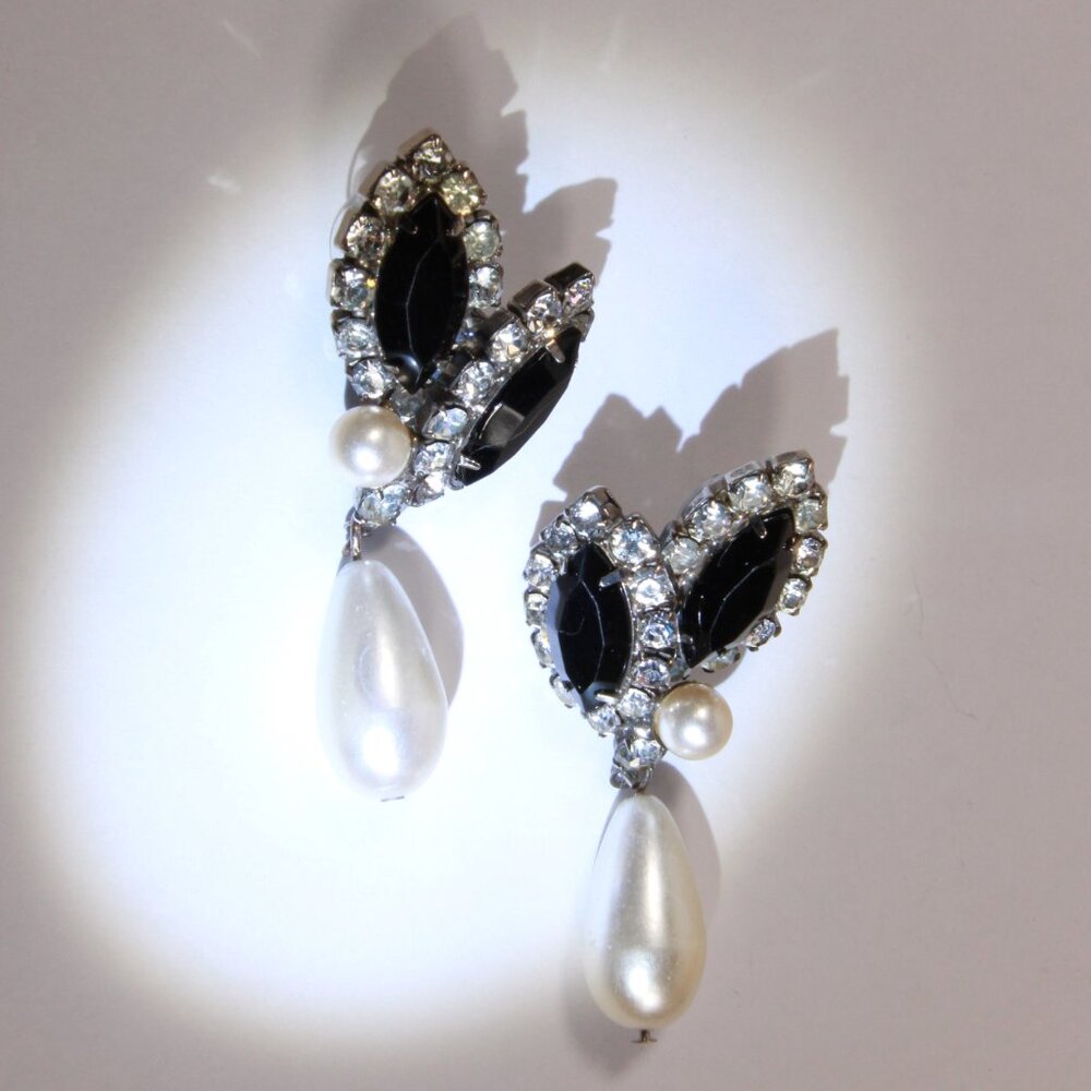 Vintage Silver-Tone Black & Clear Rhinestone Imitation Pearl Drop Earrings - Picture 3 of 8